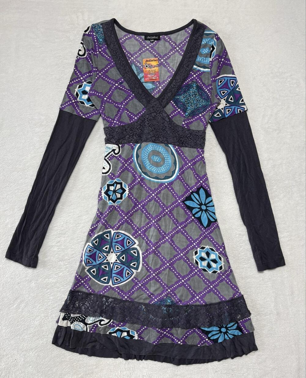 Jedzebel Dress Womens S/M Multicolor Geometric Boho Long Sleeve Empire Waist